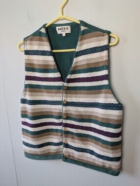 VINTAGE 90' MEXX Men Button Up Sleeveless Cardigan Stripes Size Medium Hippie